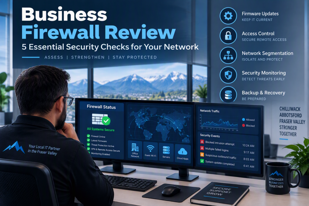 Business firewall security review dashboard showing network monitoring, access control, security alerts, and firewall health.