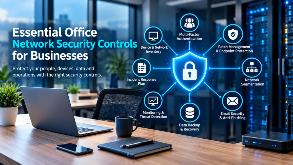 alt text Essential office network security controls protecting business networks, devices, and sensitive data through cybersecurity measures, multi-factor authentication, endpoint protection, network monitoring, and data backups.