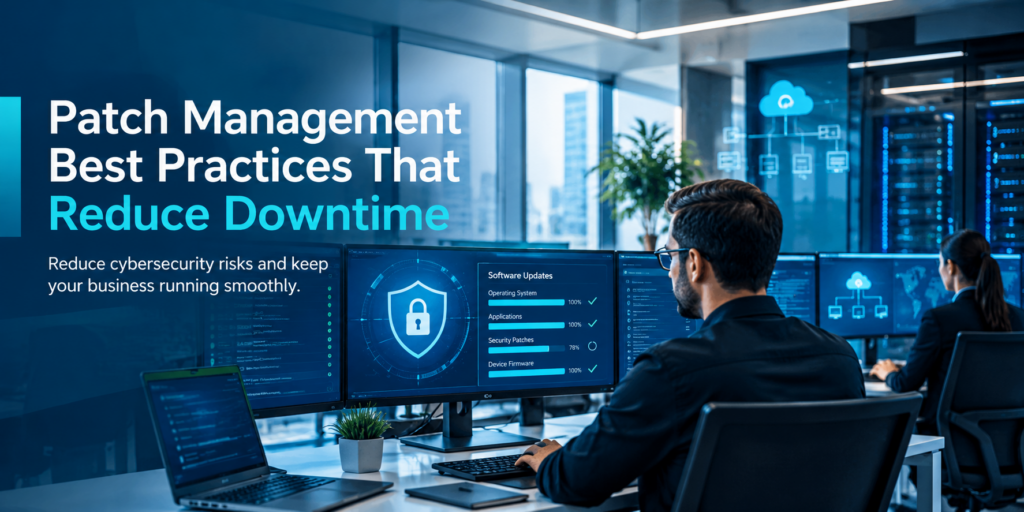 IT professionals monitor software updates and cybersecurity dashboards in a modern office, with security shield icons, server racks, cloud infrastructure, and update progress indicators. The banner highlights patch management best practices to reduce downtime, lower cybersecurity risks, and keep businesses running smoothly.