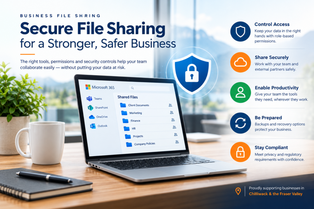 Secure business file sharing for Fraser Valley businesses with Microsoft 365, controlled access, cybersecurity, and data protection