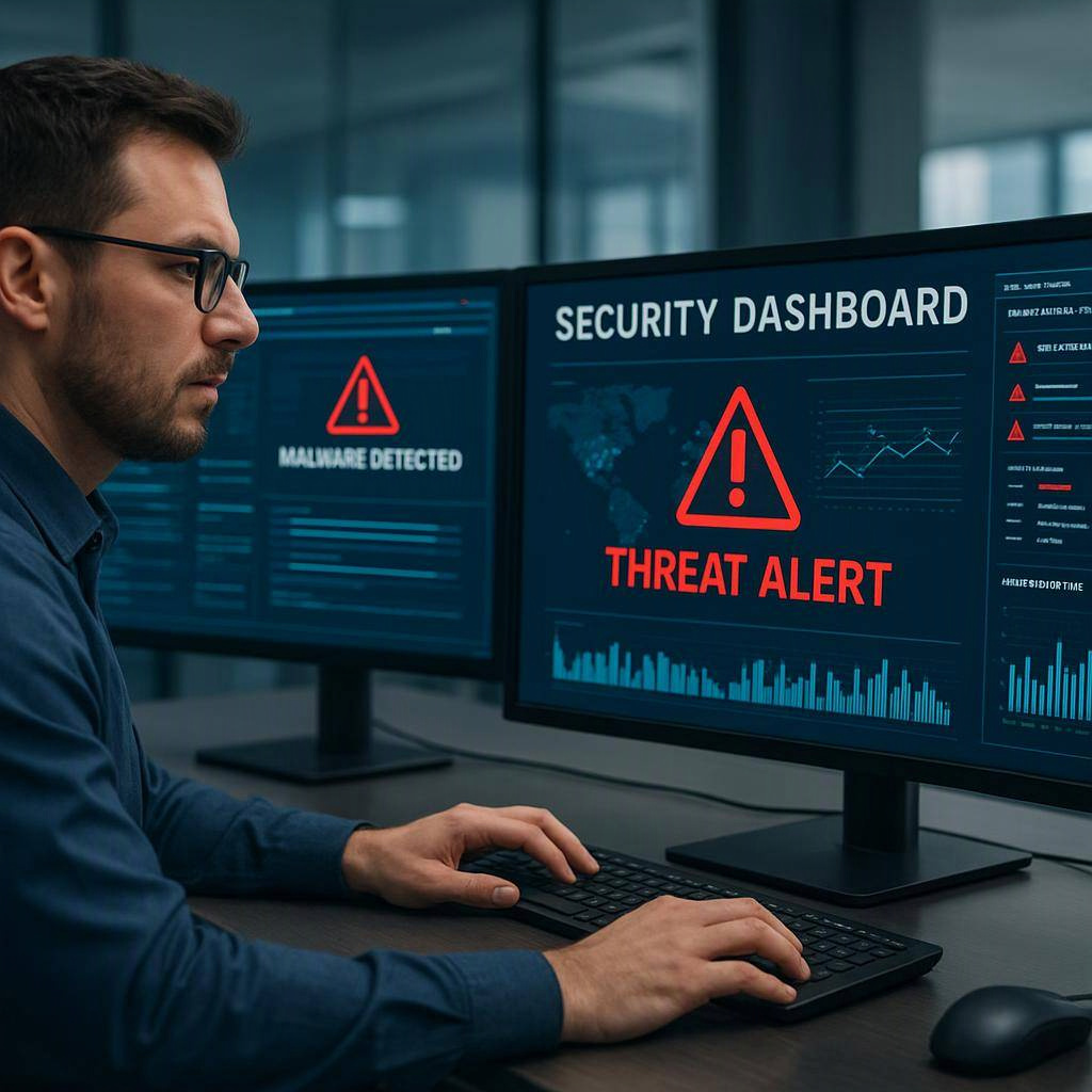 Microsoft 365 security for - Cybersecurity professional reviewing security alerts on multiple monitors in office
