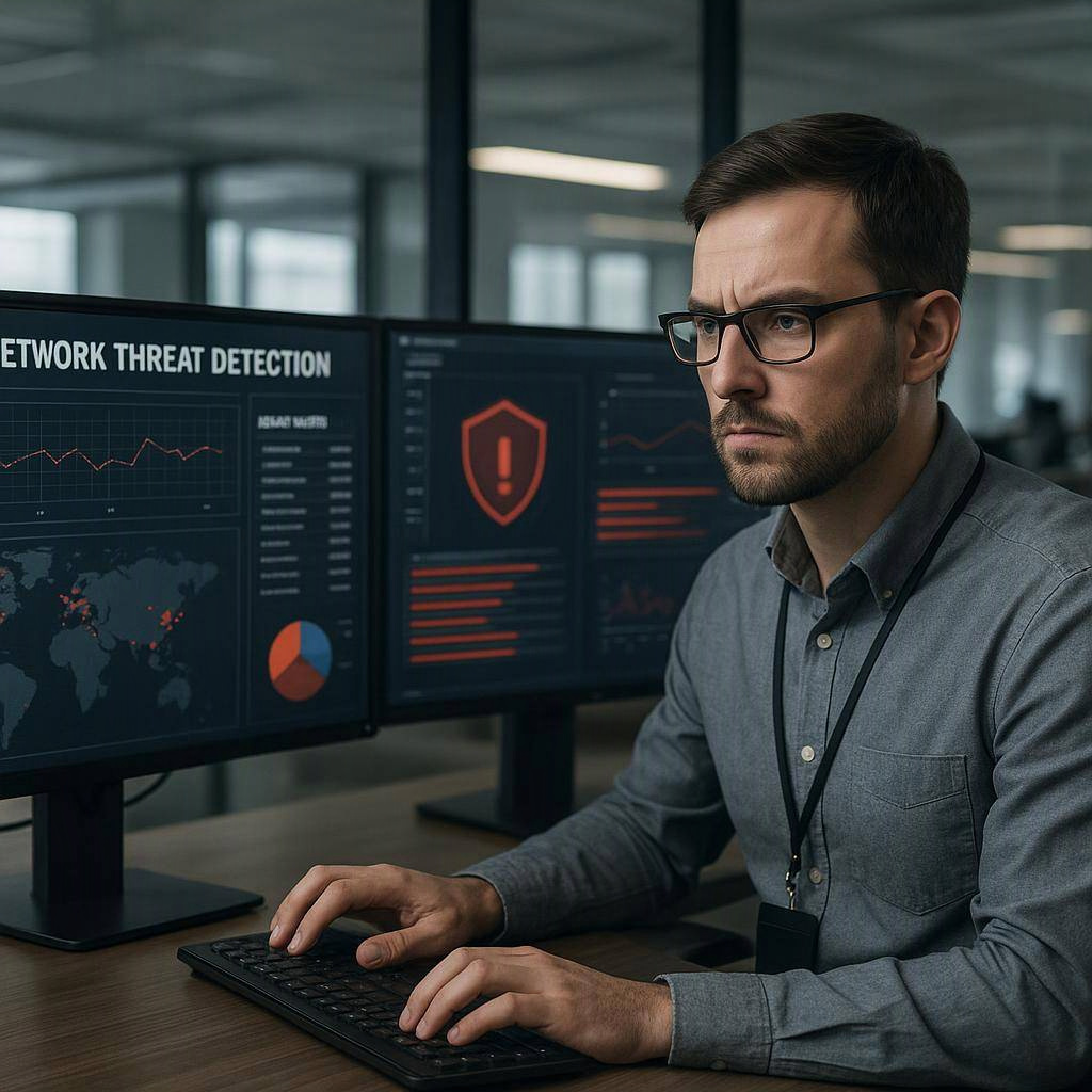 Ransomware protection small business - IT professional reviewing network security dashboard with ransomware detection alerts