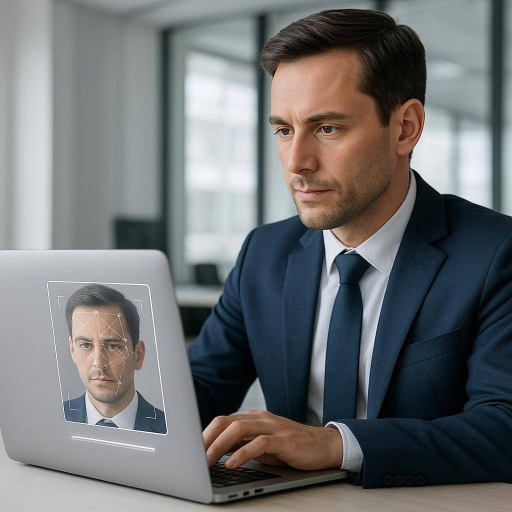 Passkeys for small business - Close-up of a businessman's face using facial recognition to authenticate a Microsoft 365 login on a laptop screen