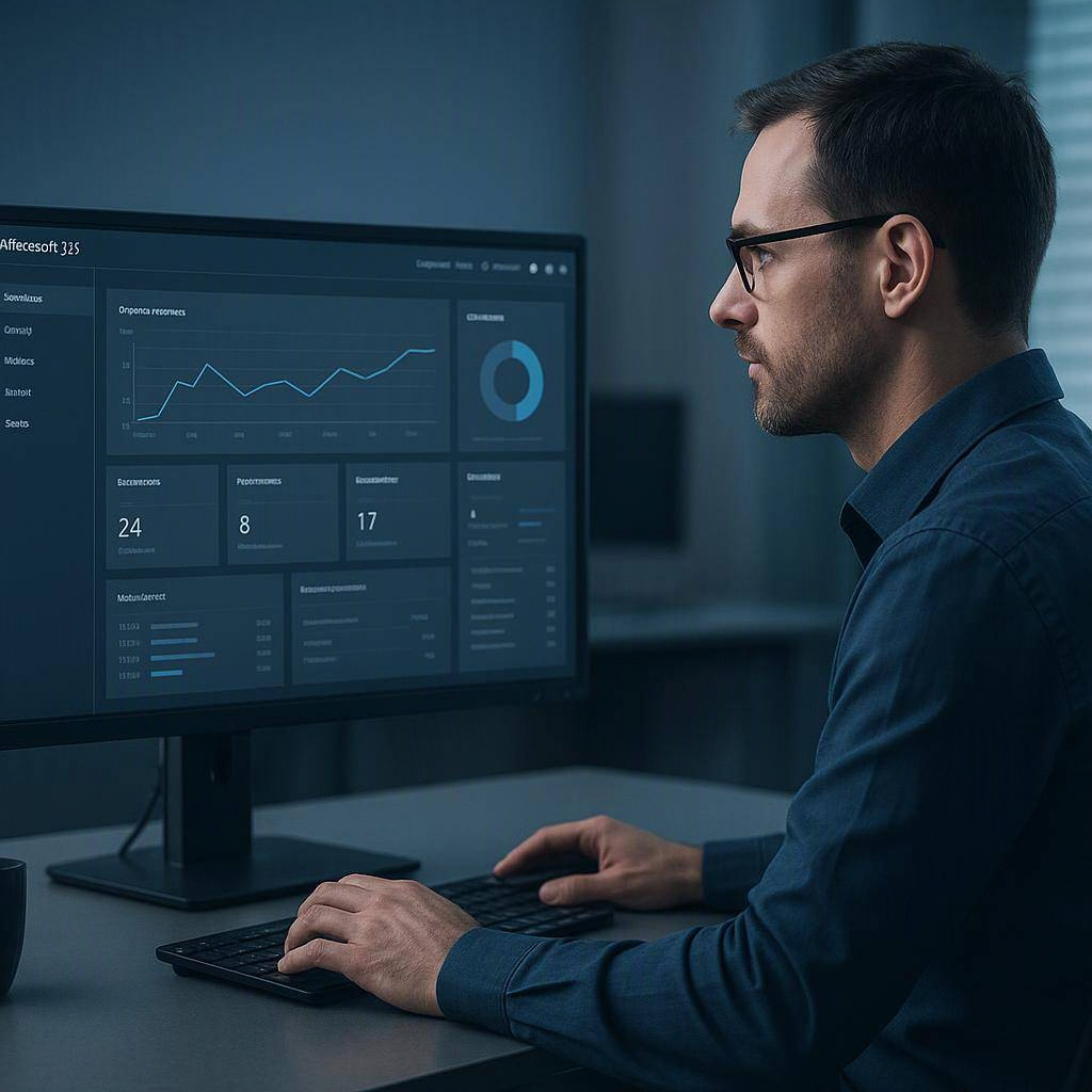 Microsoft 365 security risks - Person at desk reviewing Microsoft 365 security settings on computer screen with lock icon overlay