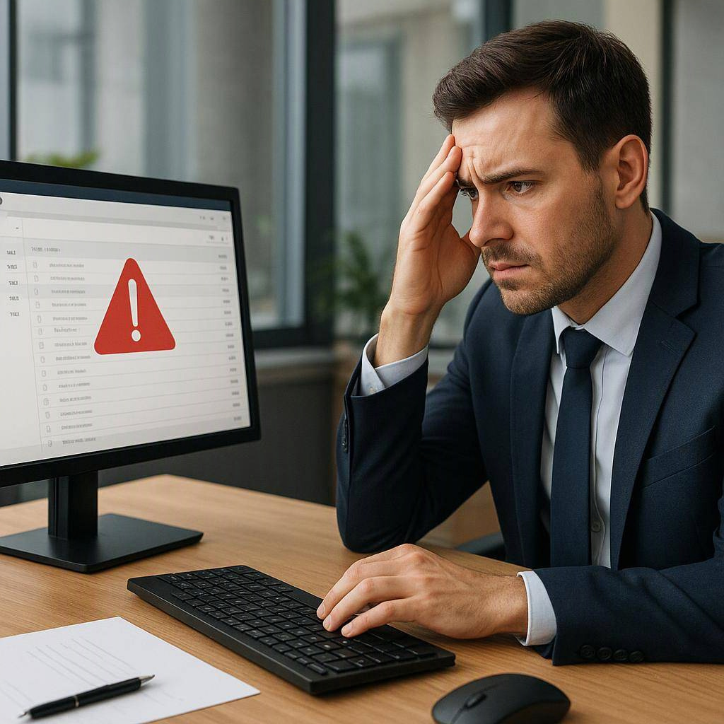 Ai phishing attacks small - Professional office worker at desk viewing suspicious email on computer monitor with security warning